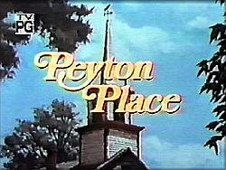 TV screen shot of opening “Peyton Place” title card, set against the town’s church steeple; color version used in the show’s later years. Click for DVDs.