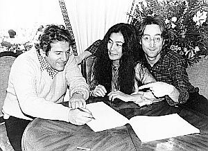 Business agent Allen Klein shown with Yoko Ono and Beatle, John Lennon. Klein became a source of some internal Beatles’ discord in 1969 and a later lawsuit. Click for his book.