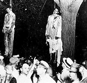 August 7, 1930 photo of Thomas Shipp & Abram Smith, lynched in Marion, Indiana, for allegedly murdering a white factory worker and raping his female companion.