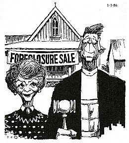 Paul Conrad’s Nancy & Ronald Reagan in send up of “American Gothic” during 1980s farm crisis.