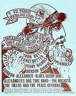 Poster for March 1968 “St. Paddy's Medicine Show,” Pasadena Exhibition Hall, featuring Iron Butterfly, Peanut Butter Conspiracy, Steppenwolf, Jackson Browne & others.