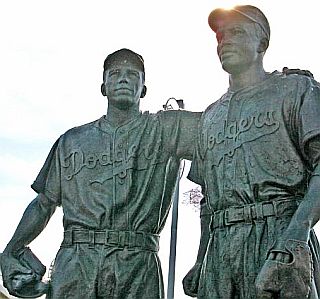 The Pee Wee Reese-Jackie Robinson monument is a work by sculptor William Behrends. Photo, Ted Levin.