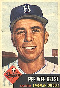 Pee Wee Reese, Brooklyn Dodgers, on a 1953 Topps baseball card.