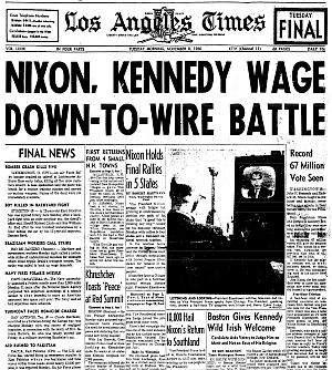 Nov 8, 1960: Los Angeles Times headlines on "down-to-the-wire" presidential election.