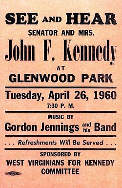 Poster announcing April 26, 1960 campaign event with Senator John F. Kennedy and his wife, Jackie, during West Virginia primary.