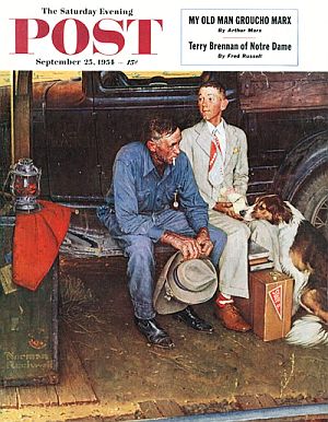 Rockwell’s “Breaking Home Ties,” SEP cover art of Sept 25, 1954, depicts father and son sitting on automobile running board as son departs for college, sold for $15.4 million at Sotheby's auction in 2006. Click for print.
