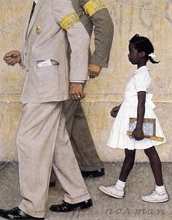 Detail from Rockwell painting showing young Ruby in escort and portions of scrawled epithets on wall.