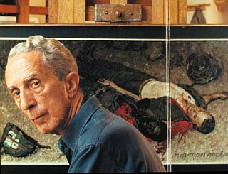 Norman Rockwell, 1968, in front of easel with his “Blood Brothers” painting as shown in photograph from Ben Sonder book, “The Legacy of Norman Rockwell.”