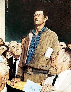 “Freedom of Speech” was one of a Rockwell’s “Four Freedoms” series admired by African American activist Roderick Stephens, who urged Rockwell in 1943 to do a similar series to promote racial tolerance. Click for wall print.