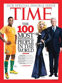 May 2010: Lady Gaga on the cover of “The Time 100” with Ivory Coast soccer star Didier Drogba and former U.S. President Bill Clinton. Click for copy.