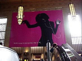 Nov 2003: Giant iPod silhouette wall posting at the 30th Street Station, Philadelphia, Pennsylvania.
