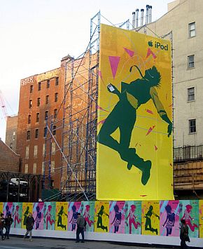 April 2007: Giant Apple iPod ad adorns construction scaffolding, Lafayette St., NY, NY.