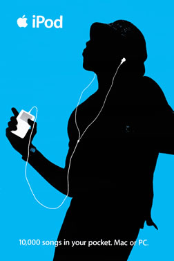 An iPod silhouette ad with the tagline: “10,000 songs in your pocket. Mac or PC.”