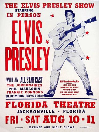 Poster advertising Elvis Presley shows at the Florida Theater in Jacksonville, FL, August 10 &11th, 1956. Click for wall print.