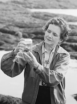 July 1961: Rachel Carson seaside, examining specimen in jar.  Life photo, A. Eisenstaedt.
