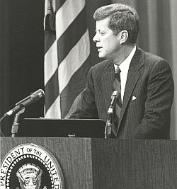 President John F. Kennedy, shown here at an earlier January 15, 1962 press conference, did acknowledge Carson’s book at a later press conference, August 29, 1962.
