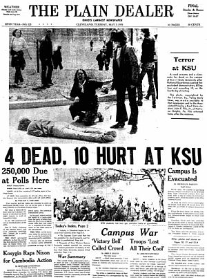 Front page of Cleveland Plain Dealer newspaper in Cleveland, Ohio, following the Kent State shootings of May 1970.
