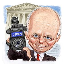 U.S. News & World Report caricature of Brian Lamb seeking Supreme Court access.