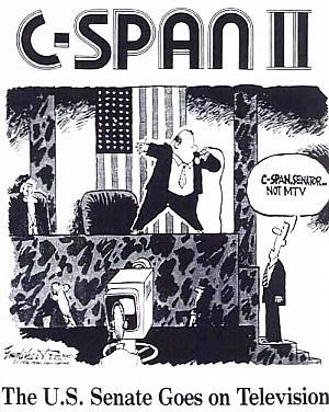 1986 cartoon from Connecticut’s “Hartford Courant” newspaper on C-SPAN coming to the U.S. Senate.