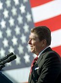 President Reagan making his speech at Reagan-Bush rally in Hammonton, New Jersey, Sept 19, 1984.