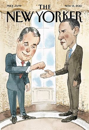 New Yorker cover of November 15, 2010, titled “Bumped,” by artist Barry Blitt, follows mid-term elections depicting President Obama in the Oval Office with Rep. John Boehner (R-OH), then  expected to replace Nancy Pelosi as Speaker of the House.  Boehner is shown offering his fist, while Obama extends his hand for a handshake.