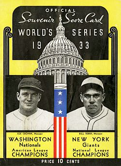 The official program for the 1933 World Series, depicting managers Joe Cronin of Washington, left, and Bill Terry of New York, right.