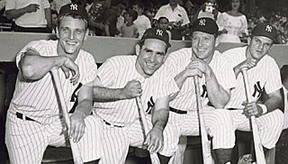 1960 All Stars: From left, Roger Maris, Yogi Berra, Mickey Mantle, and Moose Skowran.