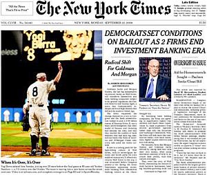 Sept 22, 2008: During turbulent time, the New York Times put Yogi Berra on the front page, waving to the crowd during “last game” ceremonies at Yankee Stadium.