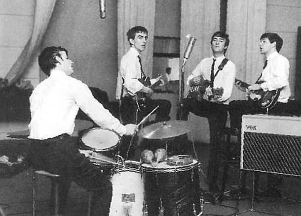 The Beatles at work, EMI studios, Abbey Road, London, England, Tuesday, 4 September 1962. From left: Ringo, George, John and Paul. Photo: Dezo Hoffmann.
