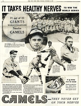 This full-page newspaper ad – with the New York Giants endorsing  R.J. Reynolds’ Camel cigarette brand – appeared in the New York Times and other papers in early October 1933.