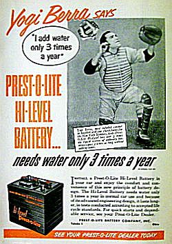 June 1951: Prest-O-Lite ad with Yogi Berra.