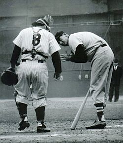 Yogi Bera, No. 8, having a few words with Boston Red Sox great, Ted Williams.