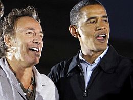 Nov. 2, 2008: Bruce Springsteen with then presidential candidate Sen. Barack Obama at rally in Cleveland, Ohio. AP photo/Alex Brandon.