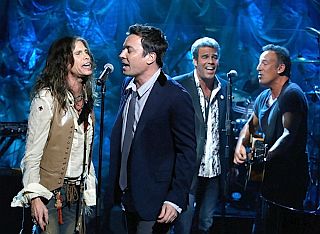 Steven Tyler, Jimmy Fallon, Mark Rivera & Bruce Springsteen perform during NBC's Hurricane Sandy telethon which raised 32 million dollars. Photo, Heidi Gutman/NBC