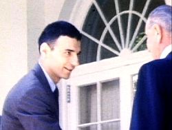 Ralph Nader at the White House shaking hands with President Lyndon Johnson after bill-signing ceremony, September 9, 1966.