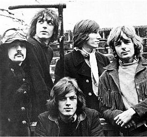 Early Pink Floyd, L-R, Nick Mason, Syd Barrett, David Gilmour (seated), Roger Waters and Richard Wright.