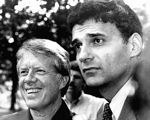 August 1976: Democratic Presidential nominee, Jimmy Carter, and consumer advocate Ralph Nader, talk with reporters outside of Carter’s home in Plains, Georgia.