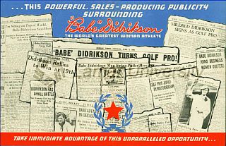 More promotional material from Goldsmith & Sons, displaying Babe's news clips, while touting “the powerful, sales-producing publicity  surrounding Babe Didrikson...”