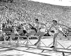 Babe Didrikson, second from right, in the hurdles race at the 1932 Olympics. AP photo.
