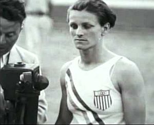 Babe Didrikson with photographer at the 1932 Summer  Olympics in Los Angeles.