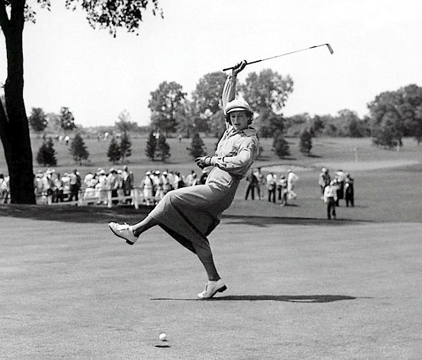 Aug. 4, 1950: Babe Didrikson Zaharias, displaying her playful side, urging the golf ball toward  the cup on the 18th green during the All American Women’s Open at Chicago’s Tam O’Shanter Club. Photo, Ed Maloney /AP.