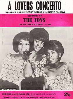 Sheet music cover for The Toys’ 1965 hit song, “A Lovers Concerto,” Stateside Records. Click for CD.