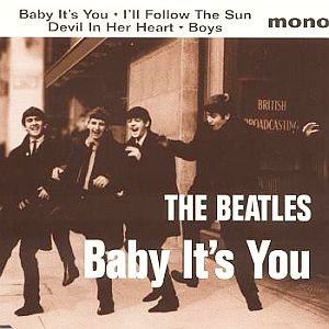 Cover photo of the Beatles on their March 1995 EP that included The Shirelles’ song, “Baby It’s You.” Click for CD.