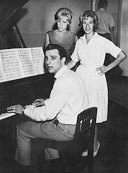 Brill Building writers Barry Mann at the piano, with Cynthia Weil (left) and Carole King, 1965.