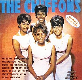 The Chiffons girl group of the 1960s shown on a album cover featuring their greatest hits. Click for CD.