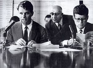 1957: Robert F. Kennedy and Senator John F. Kennedy during McClellan Rackets hearings, Washington, D.C.