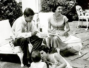 June 1957: JFK and wife Jacqueline at family gathering at Hickory Hill house in McLean, VA, home of RFK.