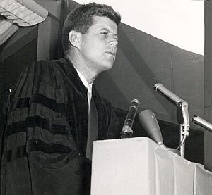 June 3, 1957: Sen. Kennedy delivering commencement address at Syracuse University, Syracuse, NY.