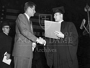 February 22, 1957: Sen. Kennedy being honored with the 1957 Patriotism Award, Notre Dame University, South Bend, Indiana. Photo, Notre Dame archives.