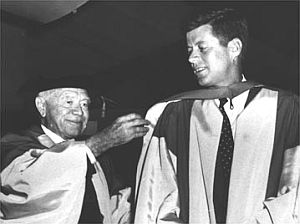 Oct 1957: JFK receiving honorary degree from Lord Beaverbrook at University of New Brunswick in Canada, where JFK gave speech, "Good Fences Make Good Neighbors" at the fall convocation. 